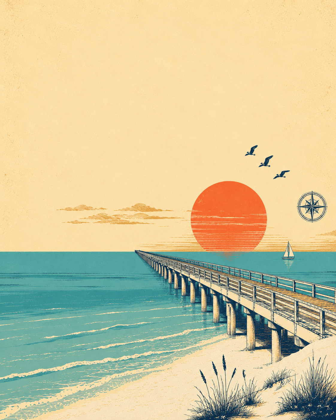 Illustrated sunset over Russell-Fields Pier in Panama City Beach