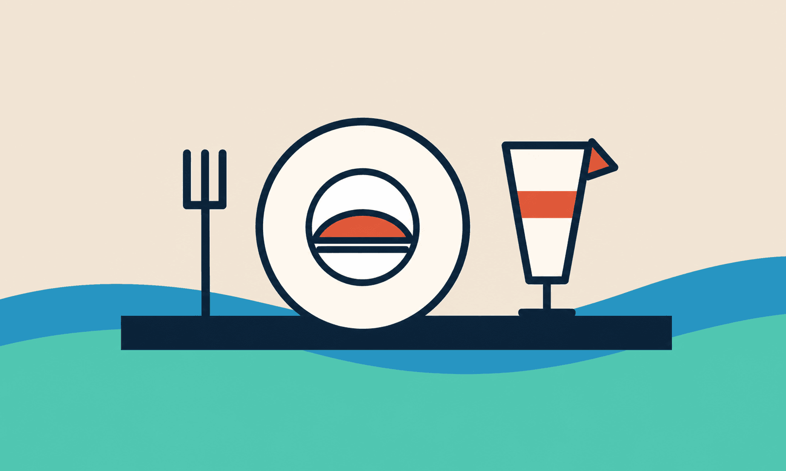 Text-free coastal table illustration for Panama City Beach food and drink